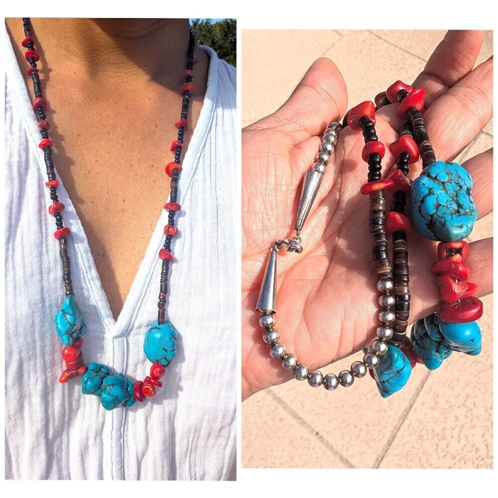 Vtg Turquoise & Red Coral Necklace Native American Style Silver Tone Handmade